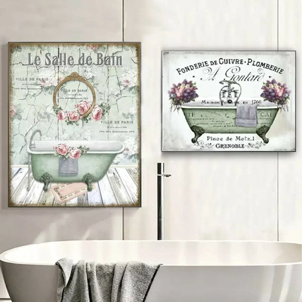 Vtg French Country Shabby Chic Victorian Bathtub Prints Floral Bathroom Wall art